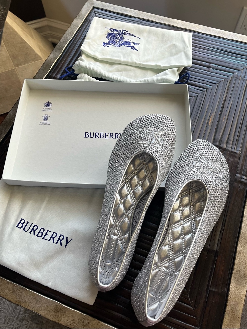 Burberry Silver Crystal Embellished Ballet Flats